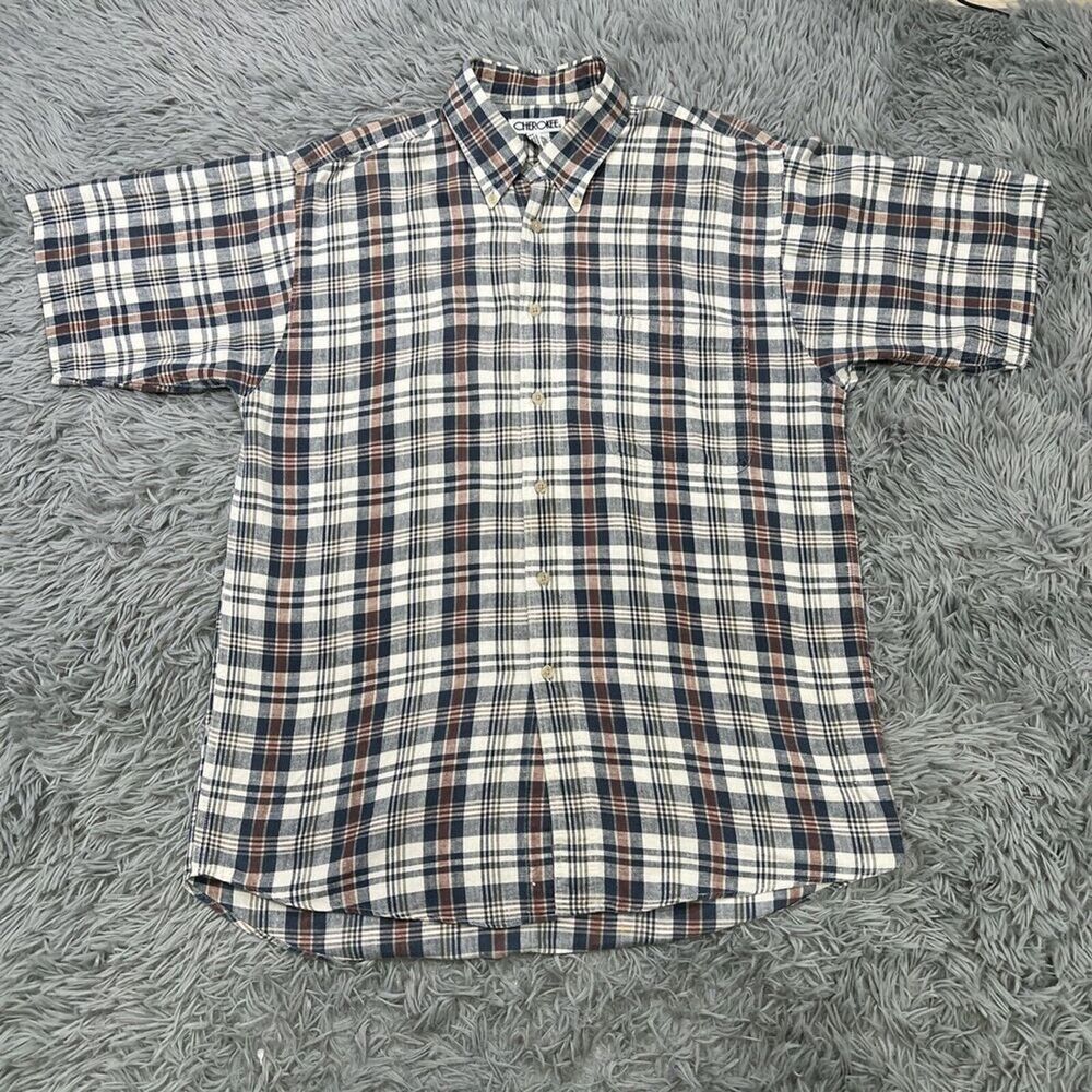 Vintage Cherokee Men’s Linen Blend Plaid Button Up Shirt Size Medium